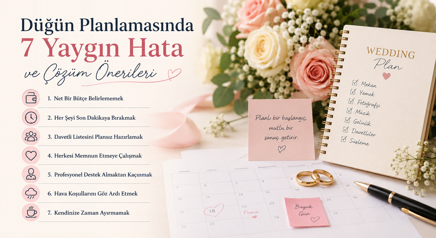 Düğün Planlamasında Yapılan 7 Yaygın Hata ve Çözüm Önerileri - Düğün Organizasyonu - Blog kapak görseli